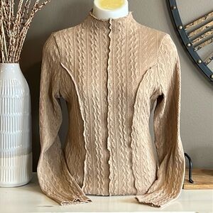 WILLOW ROOT Buckle Tan Long Sleeve Lettuce Edge Mock Neck Top Size Large NWT